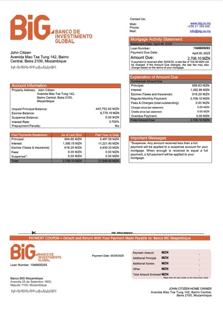 Download Mozambique Banco BIG Moçambique mortgage statement Word and PDF template Photoshop template